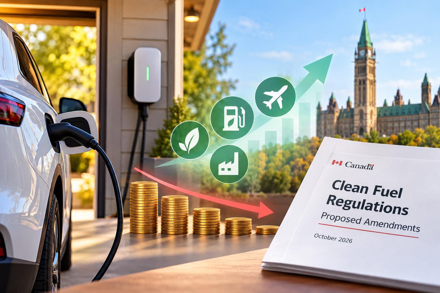 Illustration of an electric vehicle plugged into a home wall charger, with a stack of coins shrinking beside a red downward arrow, low-carbon fuel icons rising along a green arrow, Parliament Hill in the background and a document titled Clean Fuel Regulations, Proposed Amendments, October 2026